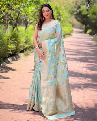 Satrangi Re Organza Silk Jaal Zari Woven Pastel Blue Saree