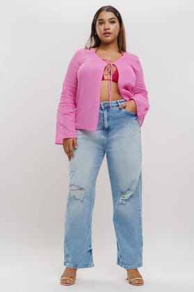 Curve Blue Distressed Straight Jeans 34