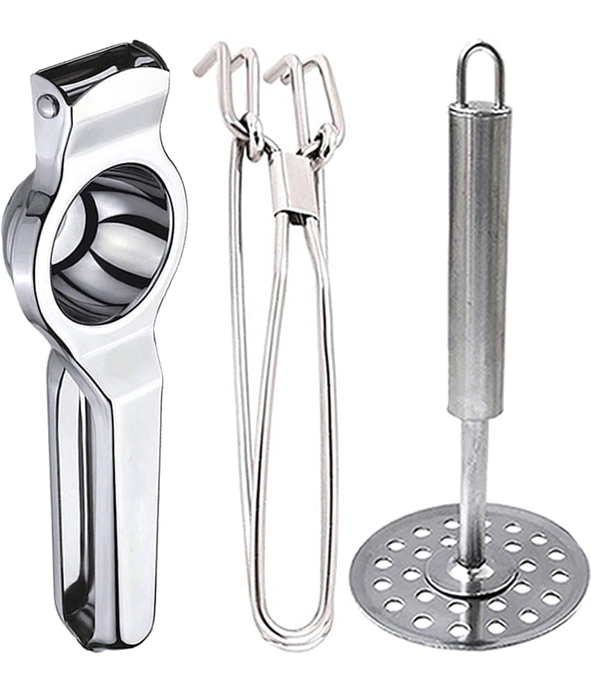 JISUN - Silver Stainless Steel Lemon Squeezer & Pakkad & Potato Masher ( Set of 3 )