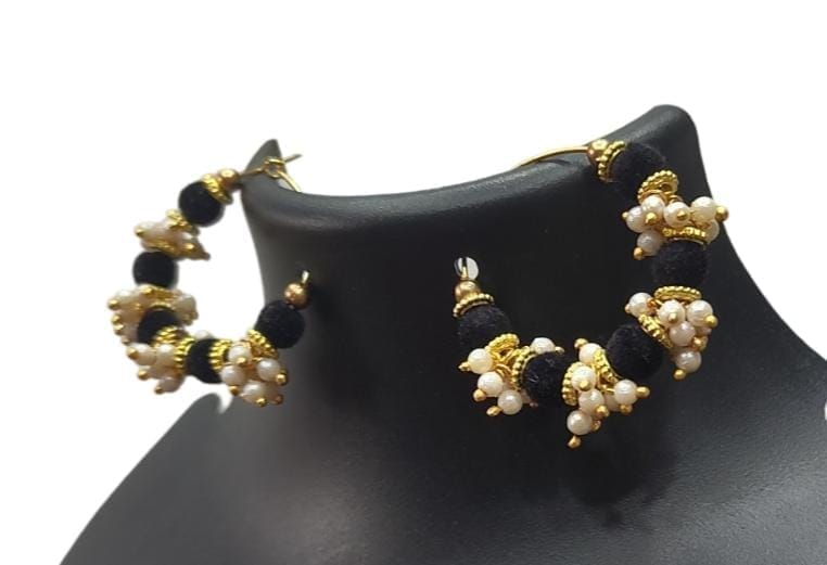 Black Velvet Pearl Hoop Earrings - Traditional Indian Jewelry