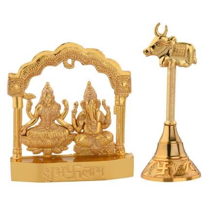 S-Guard Zinc Metal Laxmi-Ganesh Temple Murti with Nandi Bell Decorative Showpiece - 10 cm (Metal, Gold) Combo