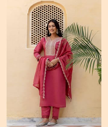 VASTRANARI Women Chanderi Embroidered Straight Kurti With Pants ( Pink )