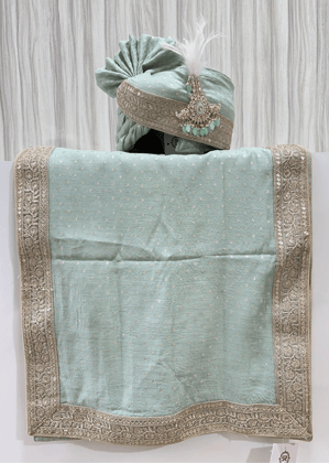 PISTA GREEN CHANDERI  SAFA DUPATTA SET (HANDSTICHED PATTERN)