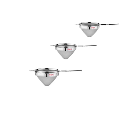 RK Sayti Stainless Steel Conical Strainer, 304 Grade Single Mesh, Premium Polish,Small, Medium,Large, Pack of 3