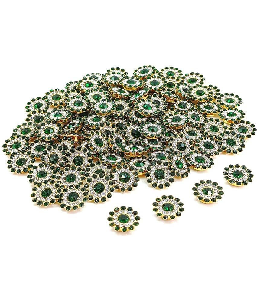 PRANSUNITA 90 Pcs Zarkan Flower Shape Claw Cup Sew on Rhinestone Crystal Glass Beads Buttons Stones for Jewellery Making, Dress Decoration, Crafts & Embroidery Works, Belt and Shoes – Size 14 mm – Colour -Dark Green