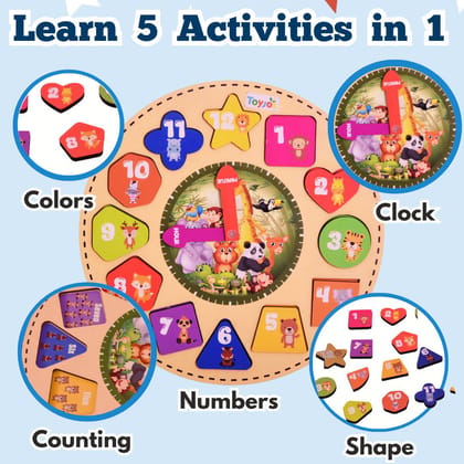 Toyjos Kids Wooden Time Learning Analog Clock | Animal-Themed Montessori Early Educational Digital Number, Shape Sorter, Color Recognition Toys | Puzzle Game Gifts for Baby, Boys, Girls (Age 3+ Years)