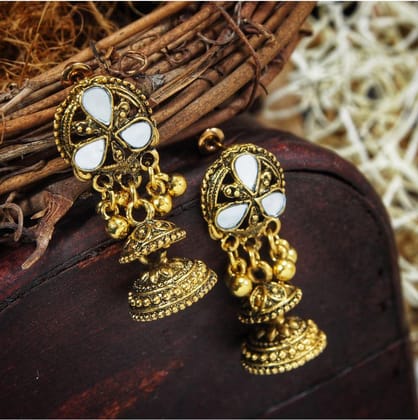 Antique Gold Plated Mirror Design Artwork Small Jhumki Earring- AER 342