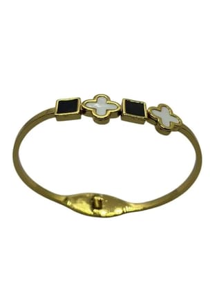 Gold Black & White Leaf Clover Bangle Bracelet for Women | Stylish Stainless Steel Clover Kada for Girls | Anti-Tarnish Fashion Jewellery | Valentine Gift for Girlfriend & Wife