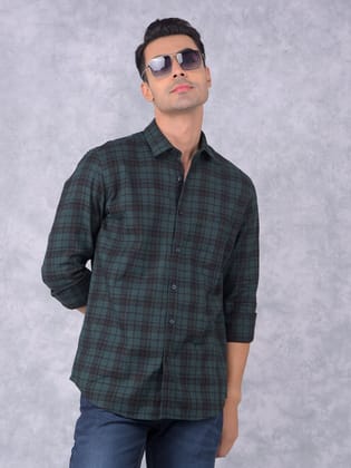 Green Checked 100% Cotton Shirt-M / Green