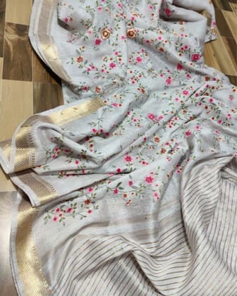 Impressive Silk Linen Embroidered Handloom Gray Saree