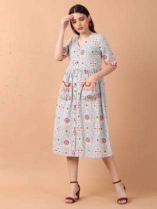 Light Blue Printed Front Open Dress With Patch Pockets-XS