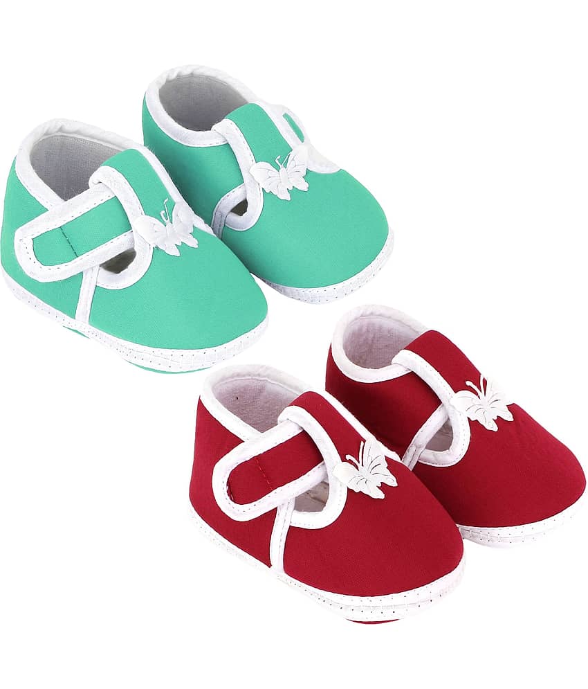 Neska Moda Pack Of 2 Baby Infant Soft Green and Maroon Booties/Shoes For 0 To 12 Months