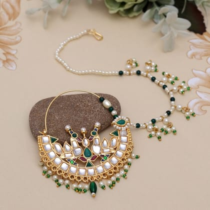 Green Color Nose Nath (NTH348GRN)-Length: 22.00 CM x Width: 0.30 CM / Green / Alloy With Good Quality Gold Plated