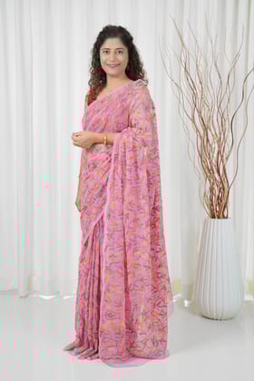 Multi Color Thread Tepchi Work Chikankaari - Pink