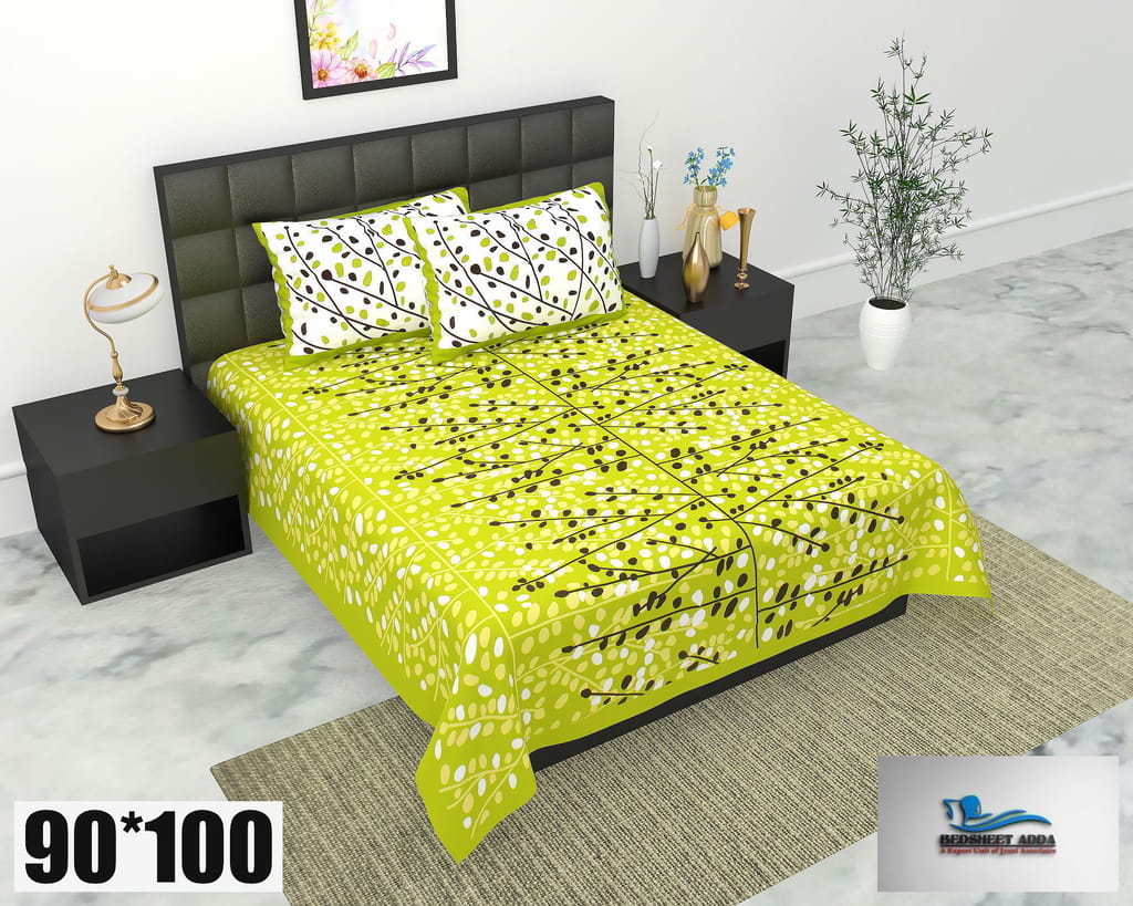 2001-Bedsheet Adda-Pure Cotton Jaipuri Printed Double Bedsheet With 2 Pillow Covers-ANGUR GREEN