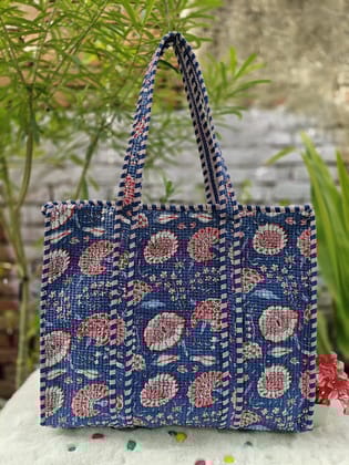 Handblock Printed Quilted Tote Bag with concealed zip ( 17x18x 6 inches)