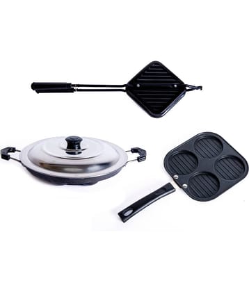 Homepro Non-Stick Set ,Appam Patra with Steel Lid 12 Cavity,Mini Uttapam 4 Cavity, Grill Toaster (Pack of 3)