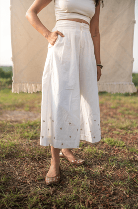 Hand Embroidered Wide Leg Culottes - Clay White-S