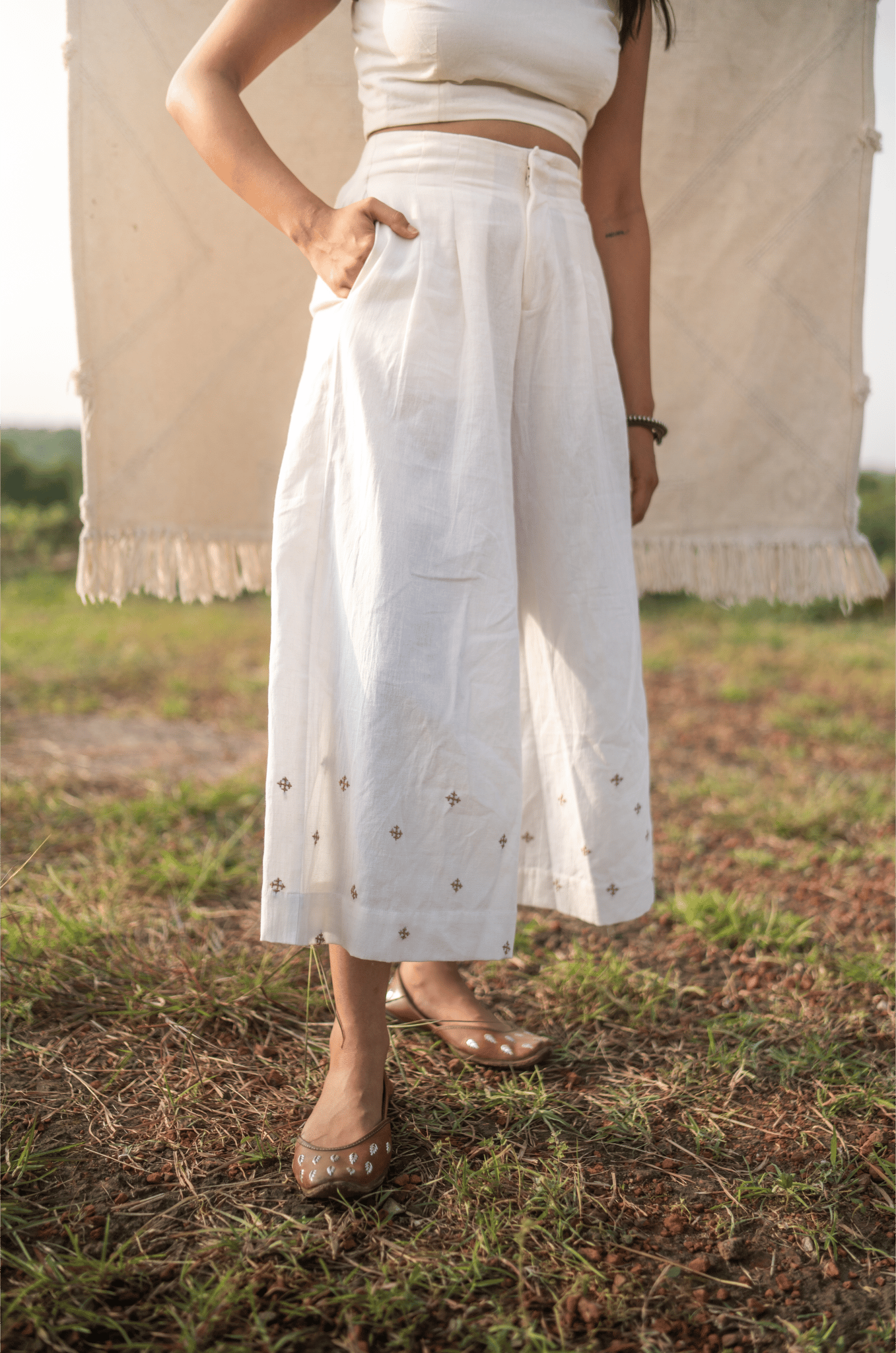 Hand Embroidered Wide Leg Culottes - Clay White-S