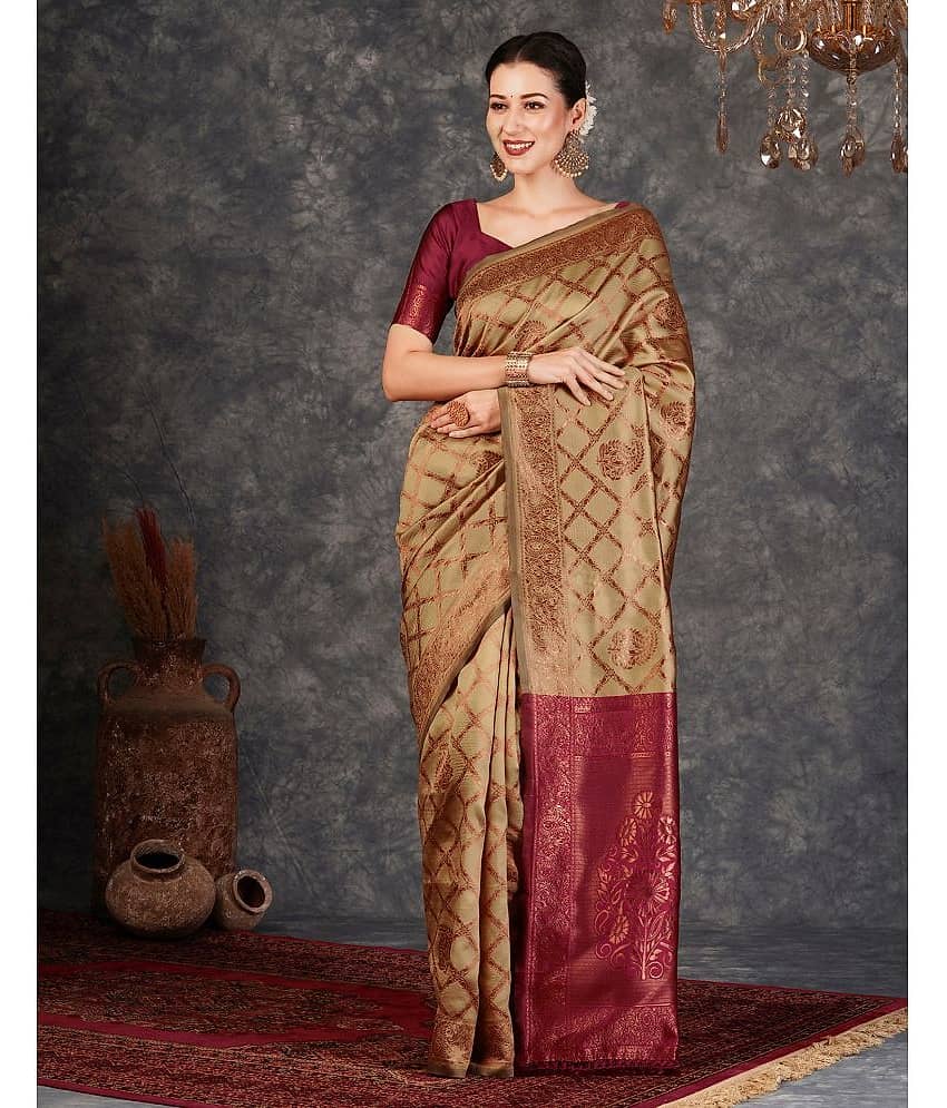 Samah Silk Woven Saree With Unstitched Blouse Piece ( Khaki )