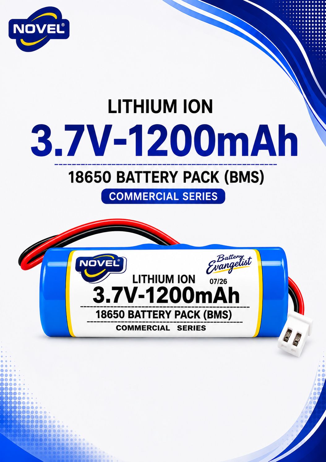 NOVEL 3.7V BMS 18650 LITHIUM ION SINGLE BATTERY WITH JST 2PIN - 1200mAh