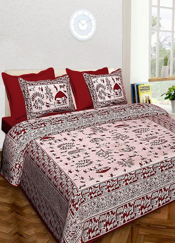 3001-Hometrade India-Standard King Size (90*108 Inches)-Pure Cotton Jaipuri Double Bedsheet With Matching Pillow Cover