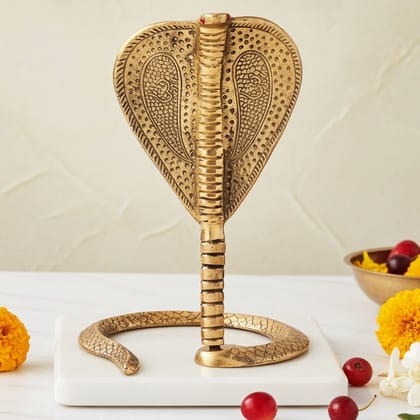 Brass Shivling Snake Idol � Traditional Naga Dev, 10 Inch, Height : 10 Inch (ZMAS299 G)