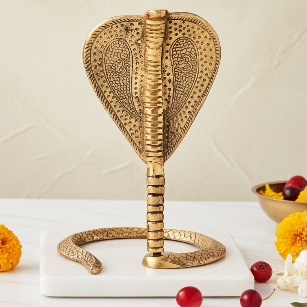 Brass Shivling Snake Idol � Traditional Naga Dev, 10 Inch, Height : 10 Inch (ZMAS299 G)