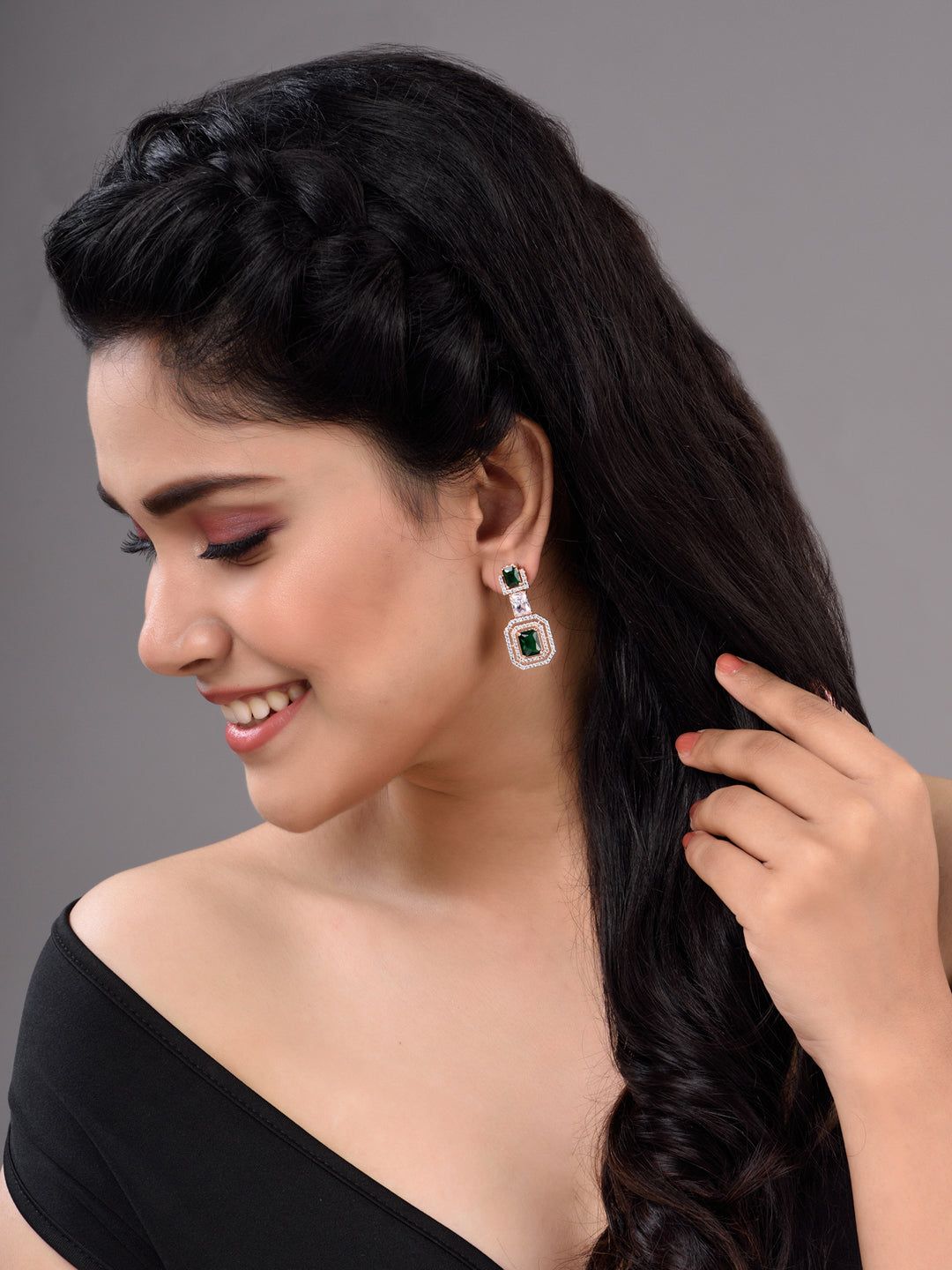 Rose Gold Plated Green & White AD Studded Dropdown Statement Earrings