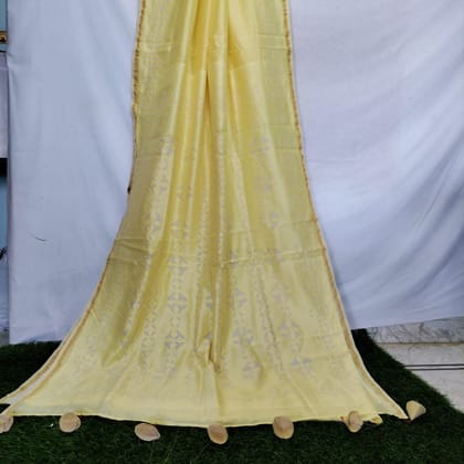 Gleaming Chanderi Silk Hand Applique Yellow Saree