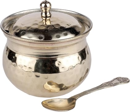 Aatm Pure Brass Ghee Pot with Lid and Embossed Spoon - 3 x 3.4 Inch - Traditional Brass Jar for Ghee, Oil and Pickle Storage