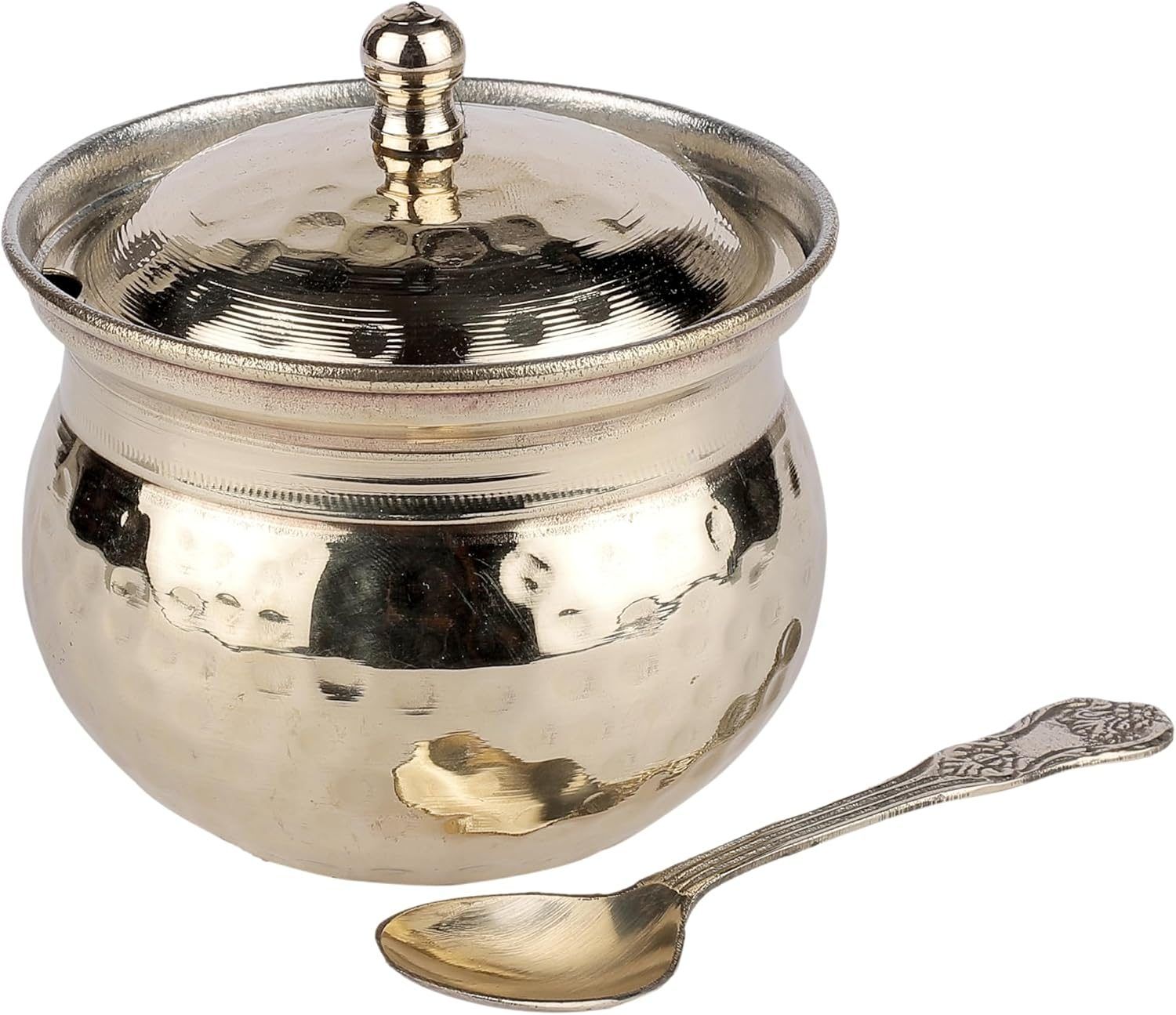 Aatm Pure Brass Ghee Pot with Lid and Embossed Spoon - 3 x 3.4 Inch - Traditional Brass Jar for Ghee, Oil and Pickle Storage