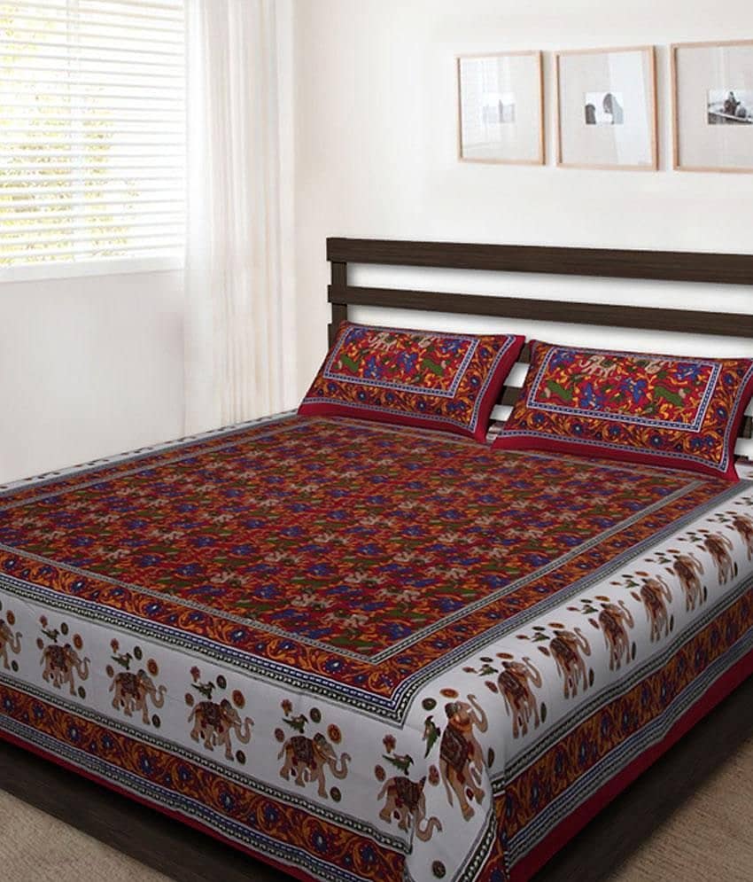 UniqChoice Rajasthani 100% Cotton Jaipuri Floral King Size 1 Double Bedsheet With 2 Pillow Cover