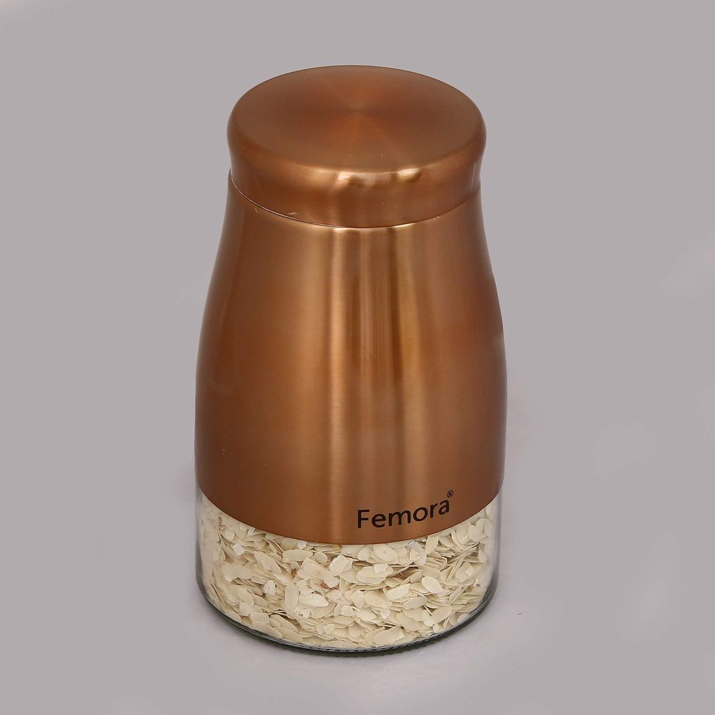 Femora Clear Glass Gold Metallic Steel Glass Jars Tea Sugar Jar Container Cereal, Spices, Pulses Container Spice Jar for Kitchen Storage Jars for Kitchen Storage 1300 ml/gm, Free Replacement of Lids