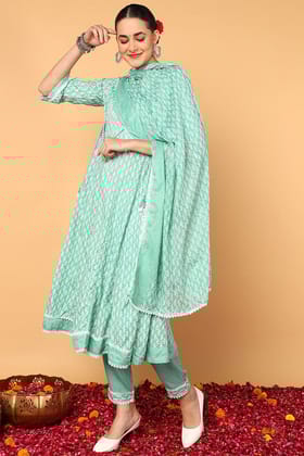 Sea Green Viscose Rayon Ethnic Motifs Printed Flared Kurta Trouser With Dupatta VKSKD2140