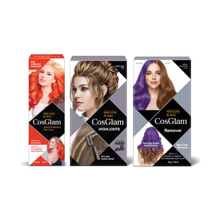 COSGLAM Combo Pack, Semi Permanent Hair Color Vibrant Orange 120g, Hair Highlighter Kit 115g & Hair Color Remover 70ml