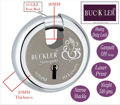 BUCKLER Heavy Duty Iron Shutter Lock for Main gate, Godown, Main Door, Office, Shop, Truck, Narrow Shackle, unbrackble Lock- Ganapati Laser Print Design-92MM-10 Levers, Round Shape-