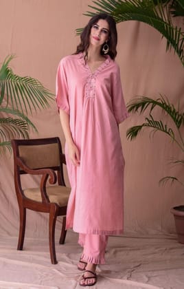 Pink Cotton Jacquard Kaftan Kurta Set-S