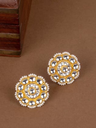 Gold-plated White Jadau Kundan Circular Oversized Studs