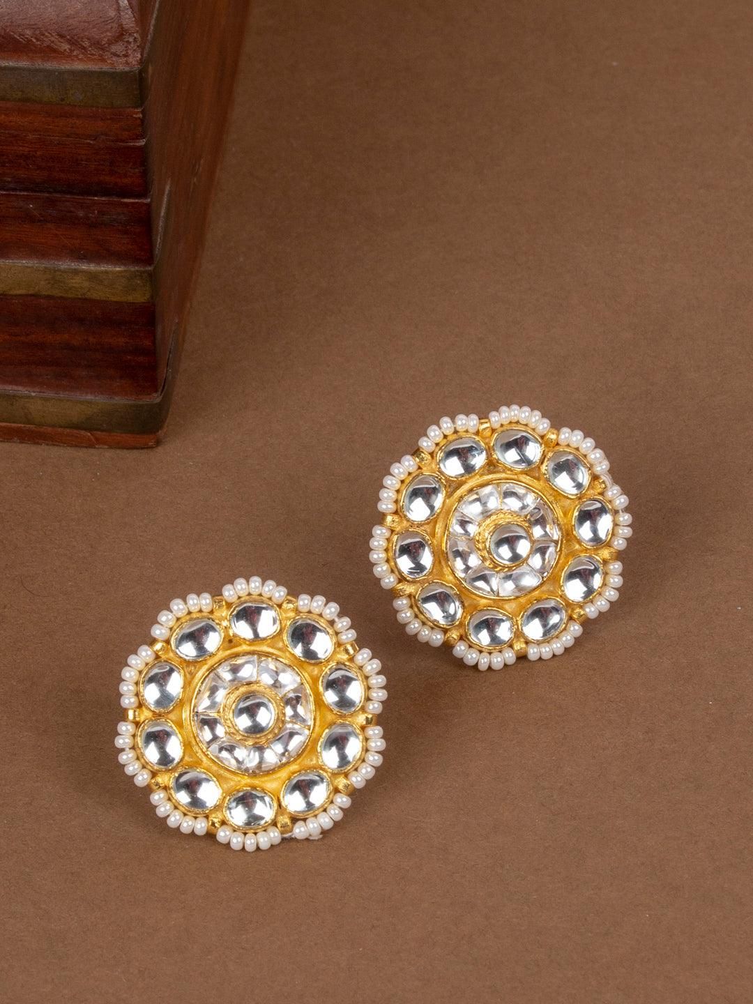Gold-plated White Jadau Kundan Circular Oversized Studs