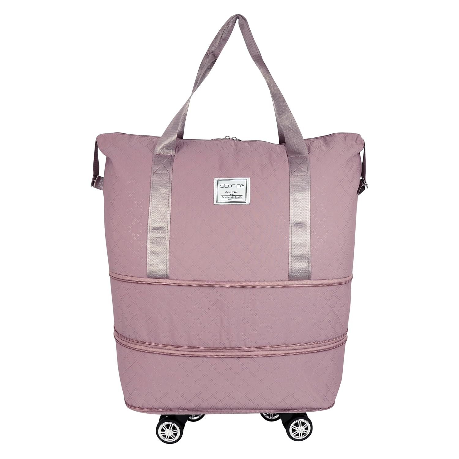 Storite Nylon Rolling Duffle Bag, Expandable and Foldable Carry-On Bag, Large Weekend Bag with Spinner Wheels – Pink