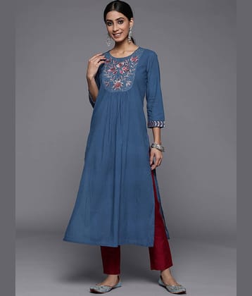 Varanga Cotton Embroidered Straight Women's Kurti - Blue ( Pack of 1 )