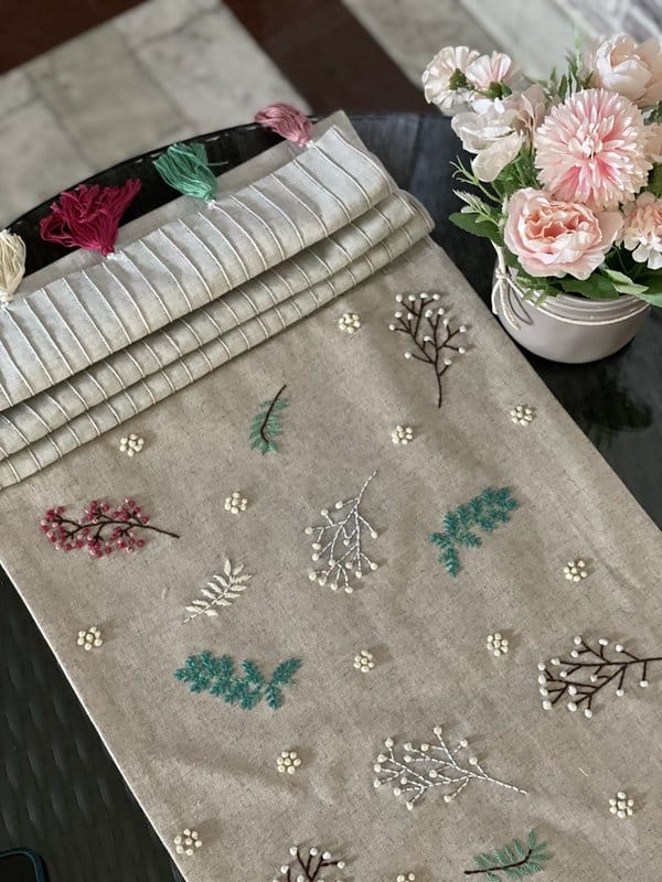 KRI India Bloom Tucked Table Runner | Beige with multi-coloured details | 14x70 inches | Wash & Care | 100% Cotton | Handcrafted in India. 100% organic & natural.