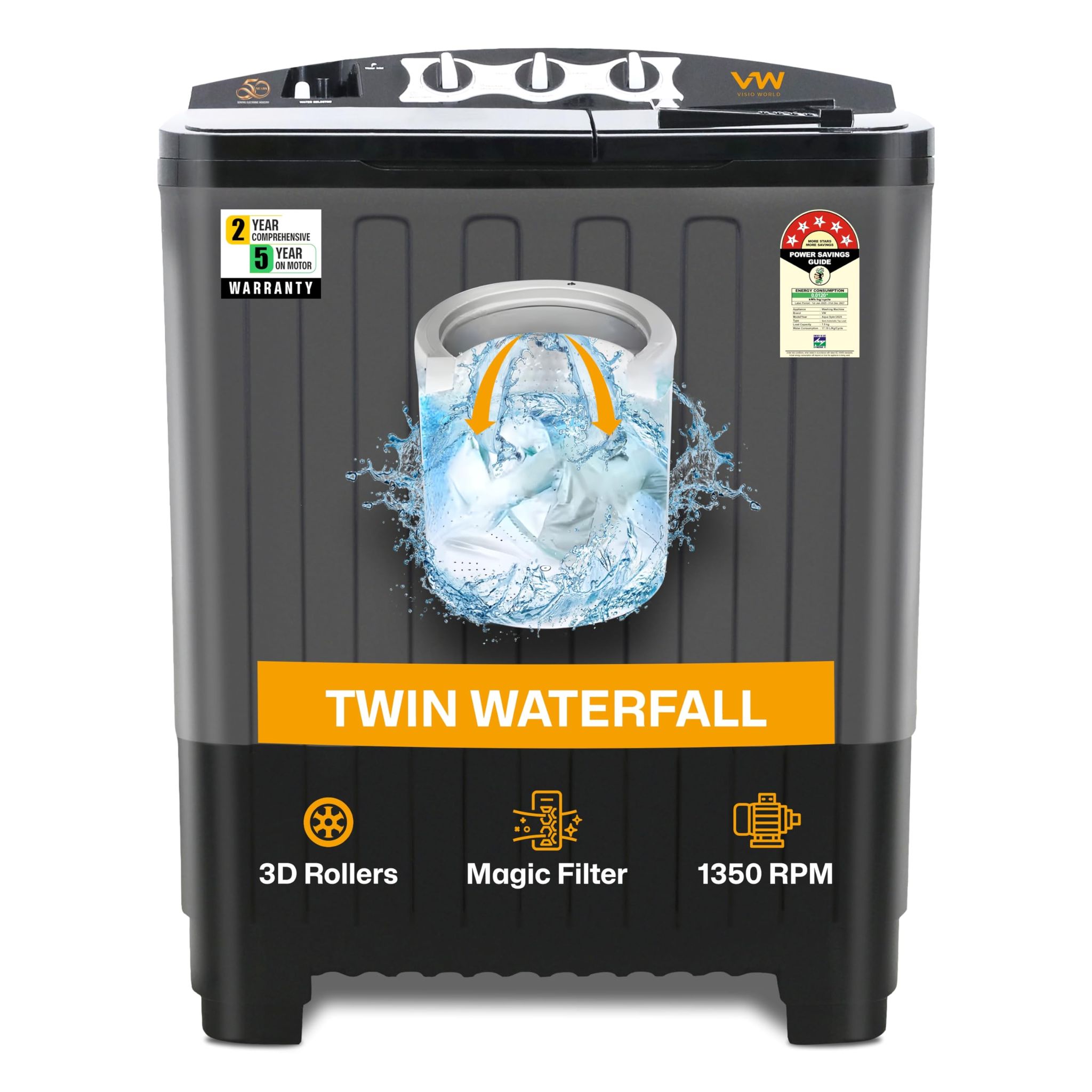 VW 7.5 kg 5 Star Aqua Spin Semi Automatic Top Load Washing Machine AquaSpin0075P (Black) VW 7.5 kg 5 Star Aqua Spin Semi Automatic Top Load Washing Machine AquaSpin0075P (Black) - Black / 7.5 Kg