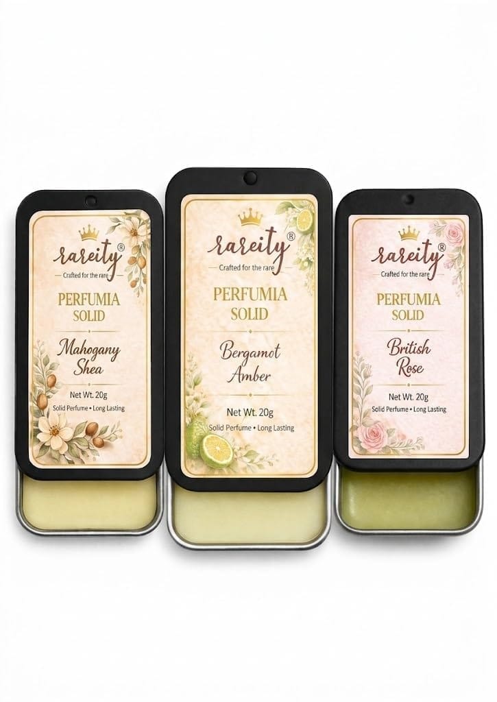 Rareity Perfume Solid Perfume Combo Pack of 3 | Mahogany Shea, Bergamot Amber & British Rose | Pocket Fragrance Balm | Travel Friendly Metal Tin | 20g Each | Unisex Aroma