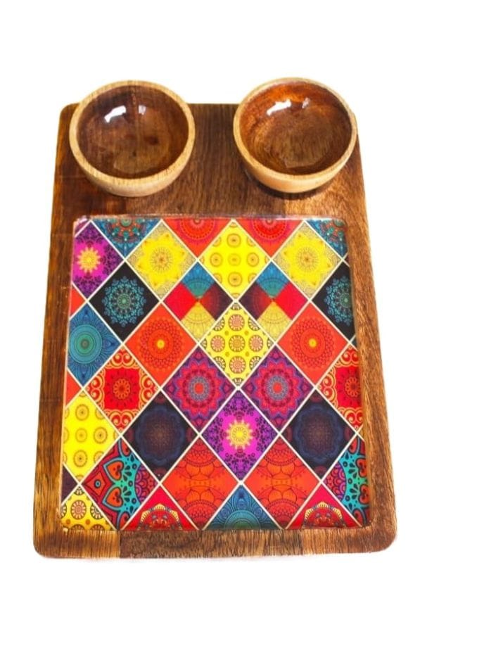 Wooden Serving Platter Mango Wood Platter Tray Printed Serving Platter with 2 Bowls Appetizer Plate Snacks Serving Platter Squire Size.(12x8 inch) (31X30.5X21 Centimeter)