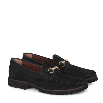Black Suede Chunky Sole Leather Loafers With Horse-bit Buckle-43/9