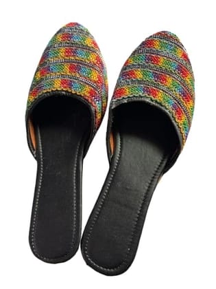 TULIP Traditional Artisians' Upliftment Livelihood Program Ethnic Slip-on Sandals with Mirror Work Embellishment, Black and Multicolor, Open Toe, Flat Heel,
