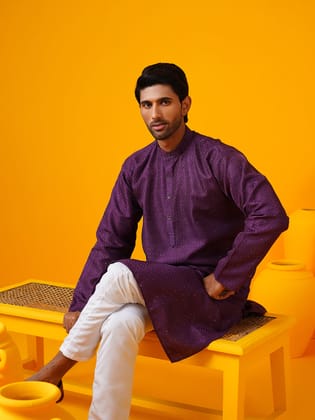 Men's Silk Bend Krochet Thread Embroidered Violet Kurta with White Pyjama-36