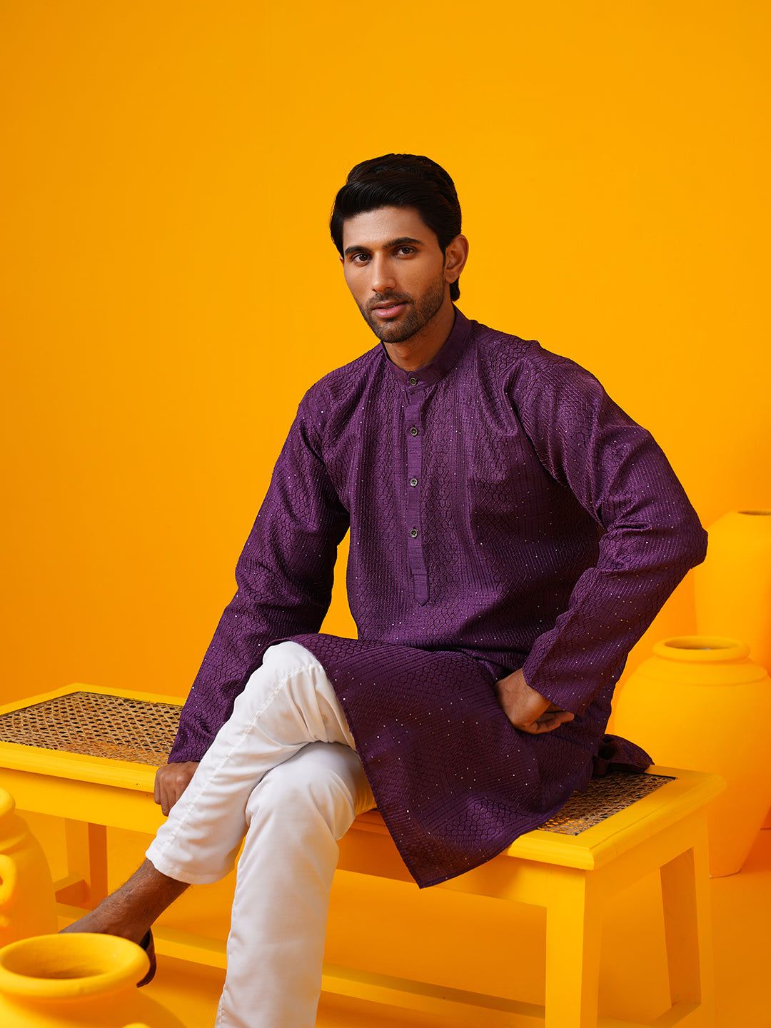Men's Silk Bend Krochet Thread Embroidered Violet Kurta with White Pyjama-36